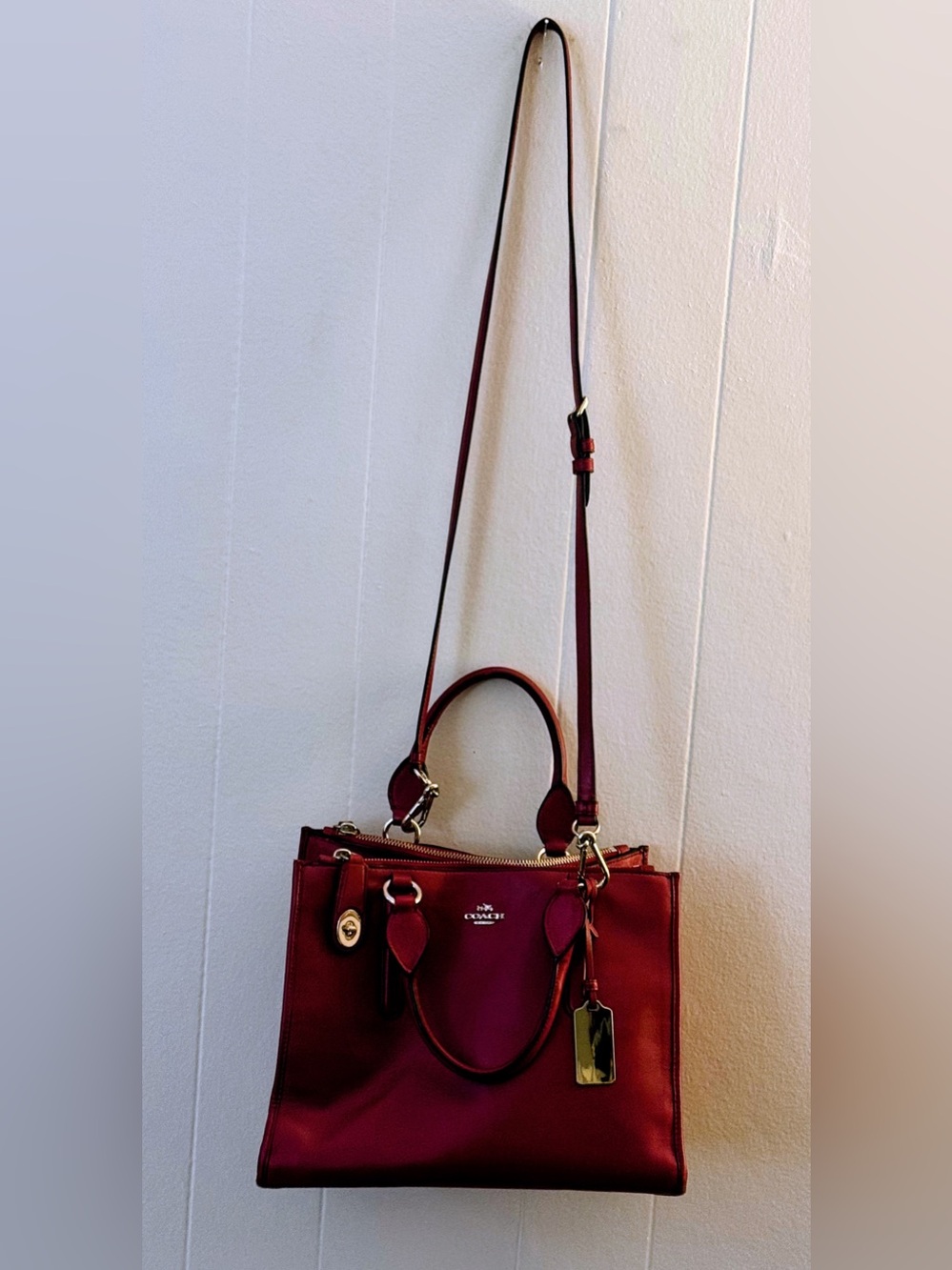 Coach Burgundy Leather Convertible Satchel with Gold Hardware
